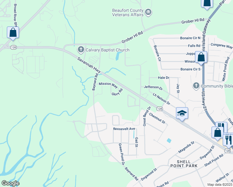 map of restaurants, bars, coffee shops, grocery stores, and more near 136 Glory Road in Beaufort