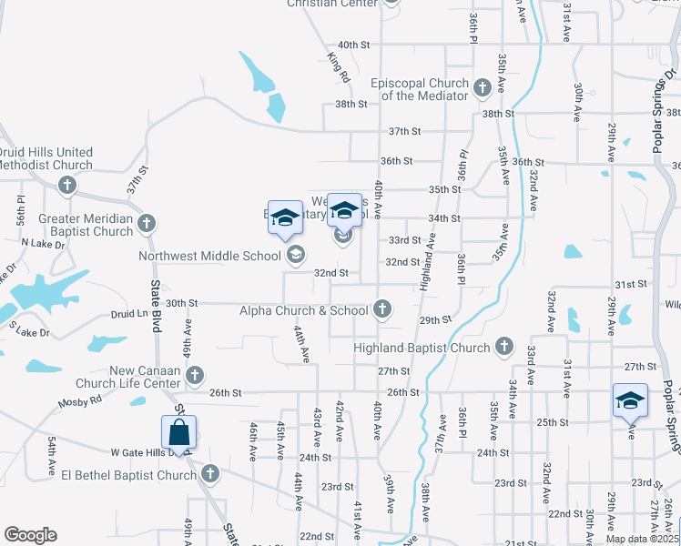 map of restaurants, bars, coffee shops, grocery stores, and more near 4400 32nd Street in Meridian