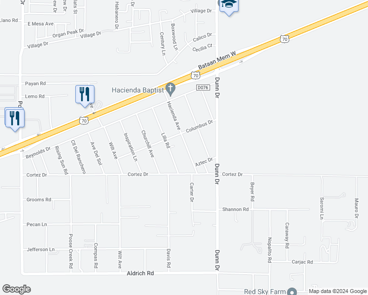 map of restaurants, bars, coffee shops, grocery stores, and more near 5241 Hacienda Avenue in Las Cruces