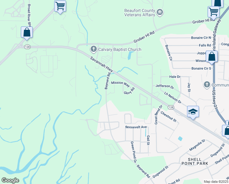 map of restaurants, bars, coffee shops, grocery stores, and more near Patriot Court in Beaufort