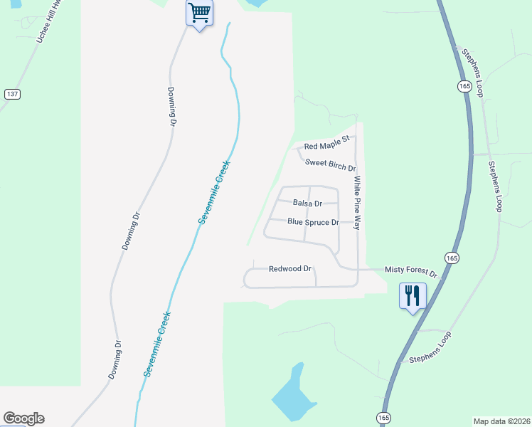map of restaurants, bars, coffee shops, grocery stores, and more near 104 Blue Spruce Drive in Phenix City