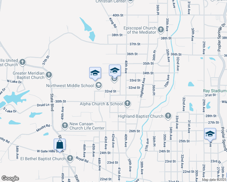 map of restaurants, bars, coffee shops, grocery stores, and more near 4400 32nd Street in Meridian