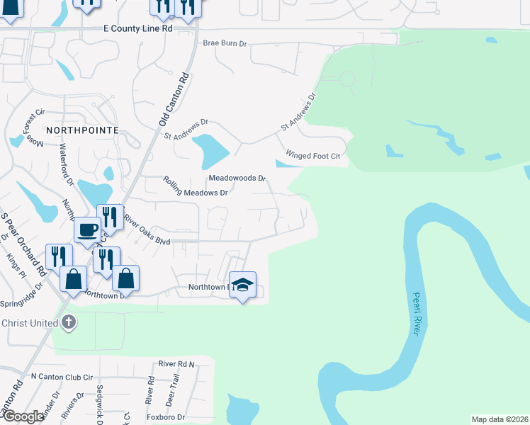 map of restaurants, bars, coffee shops, grocery stores, and more near 44 Meadowoods Terrace in Jackson