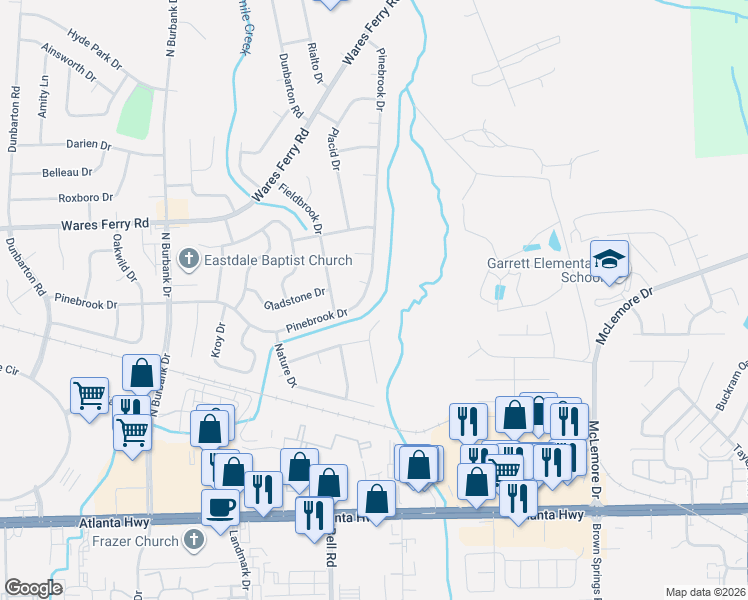 map of restaurants, bars, coffee shops, grocery stores, and more near 6308 Pinebrook Drive in Montgomery