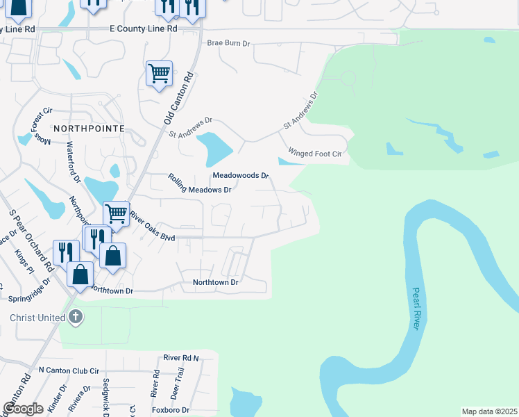 map of restaurants, bars, coffee shops, grocery stores, and more near 44 Meadowoods Terrace in Jackson