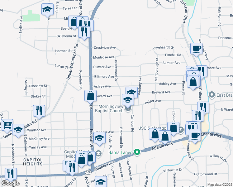 map of restaurants, bars, coffee shops, grocery stores, and more near 2783 Brevard Avenue in Montgomery