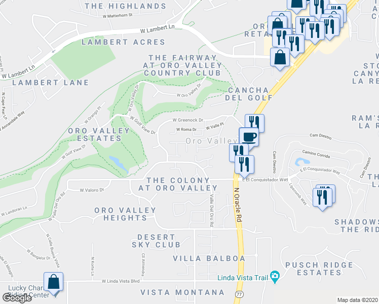 map of restaurants, bars, coffee shops, grocery stores, and more near 10106 Spyglass in Oro Valley