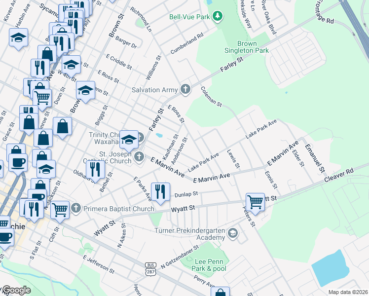 map of restaurants, bars, coffee shops, grocery stores, and more near 208 1/2 Aldridge Street in Waxahachie