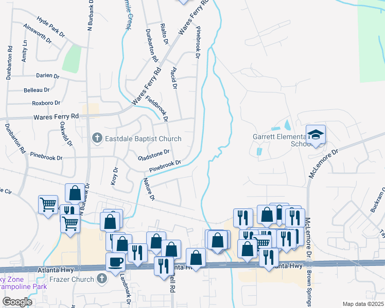 map of restaurants, bars, coffee shops, grocery stores, and more near 6316 Pinebrook Drive in Montgomery