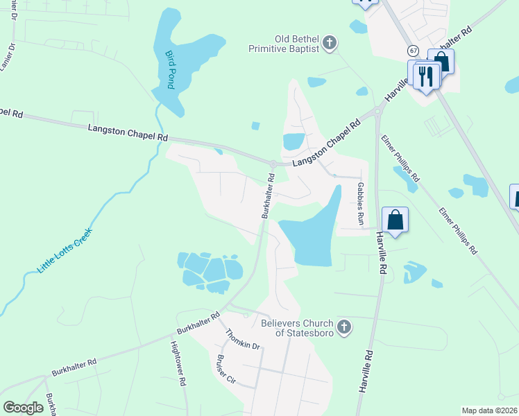 map of restaurants, bars, coffee shops, grocery stores, and more near 5745 Burkhalter Road in Statesboro