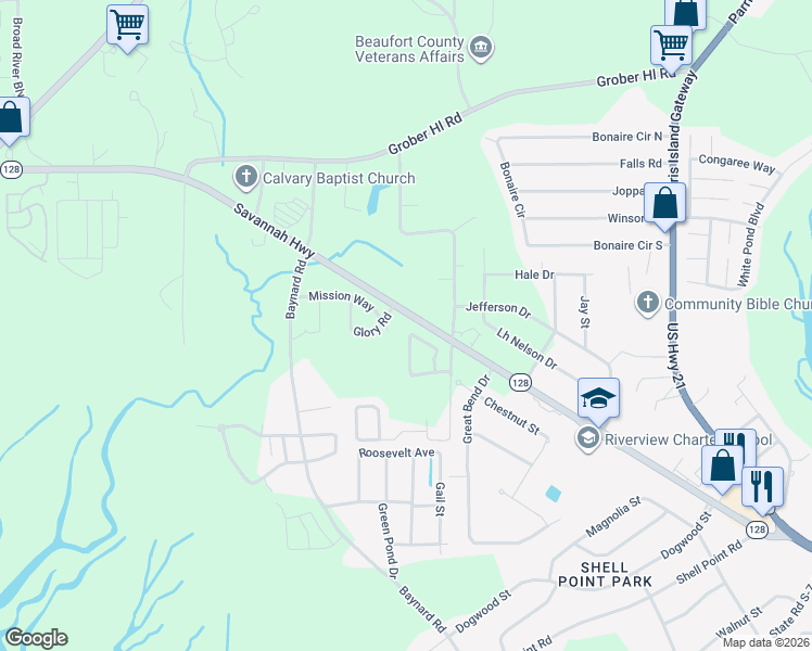 map of restaurants, bars, coffee shops, grocery stores, and more near 208 Mission Way in Beaufort