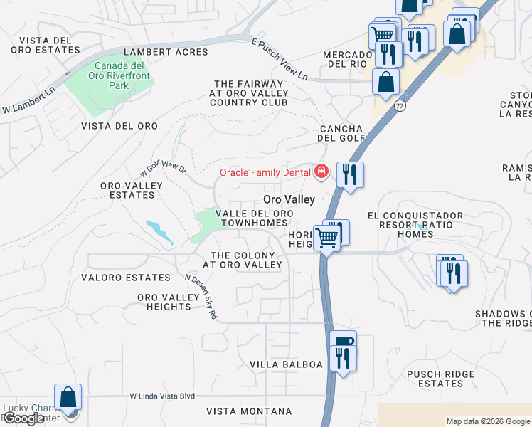 map of restaurants, bars, coffee shops, grocery stores, and more near 10059 North Oro Place in Tucson