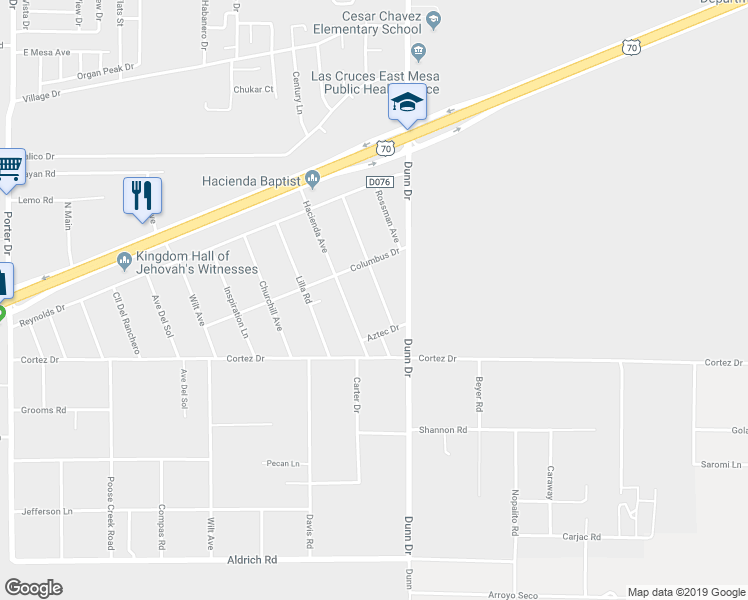 map of restaurants, bars, coffee shops, grocery stores, and more near 6955 Aztec Drive in Las Cruces