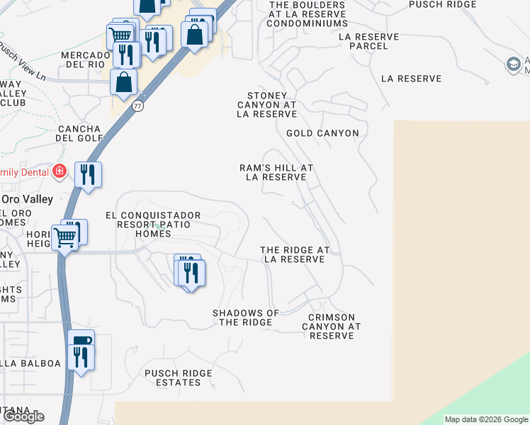 map of restaurants, bars, coffee shops, grocery stores, and more near 10119 North Bighorn Butte Drive in Oro Valley