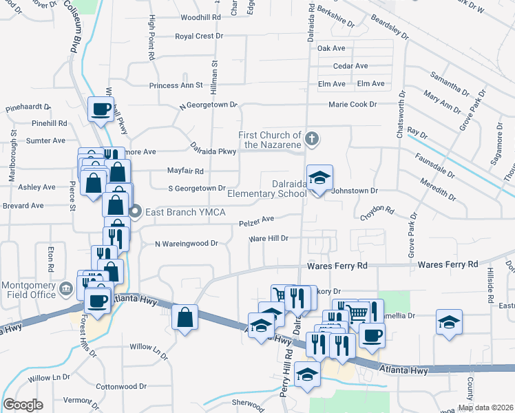 map of restaurants, bars, coffee shops, grocery stores, and more near 3809 Pelzer Avenue in Montgomery