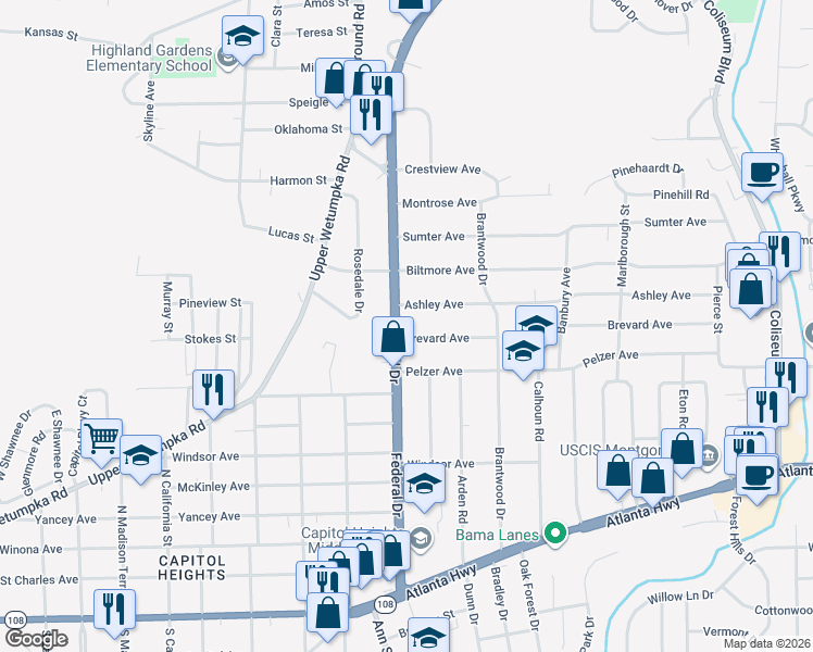 map of restaurants, bars, coffee shops, grocery stores, and more near 824 Federal Drive in Montgomery