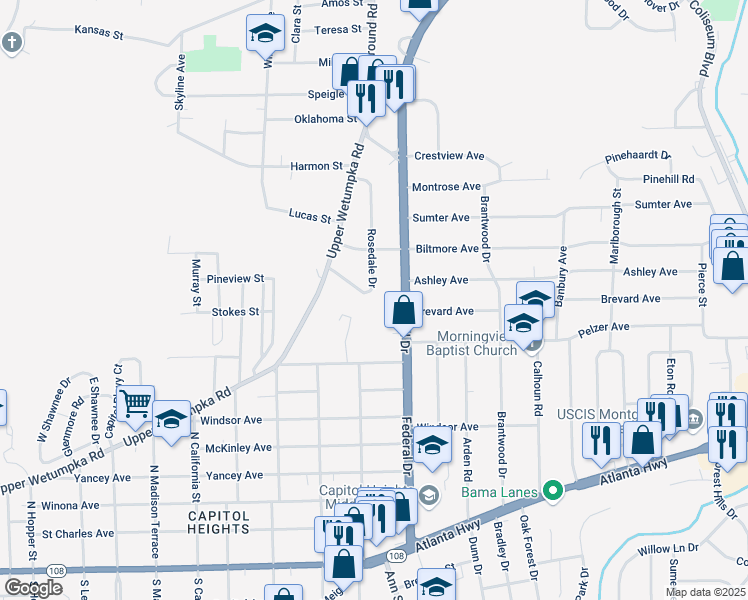 map of restaurants, bars, coffee shops, grocery stores, and more near 2140 Upper Wetumpka Road in Montgomery