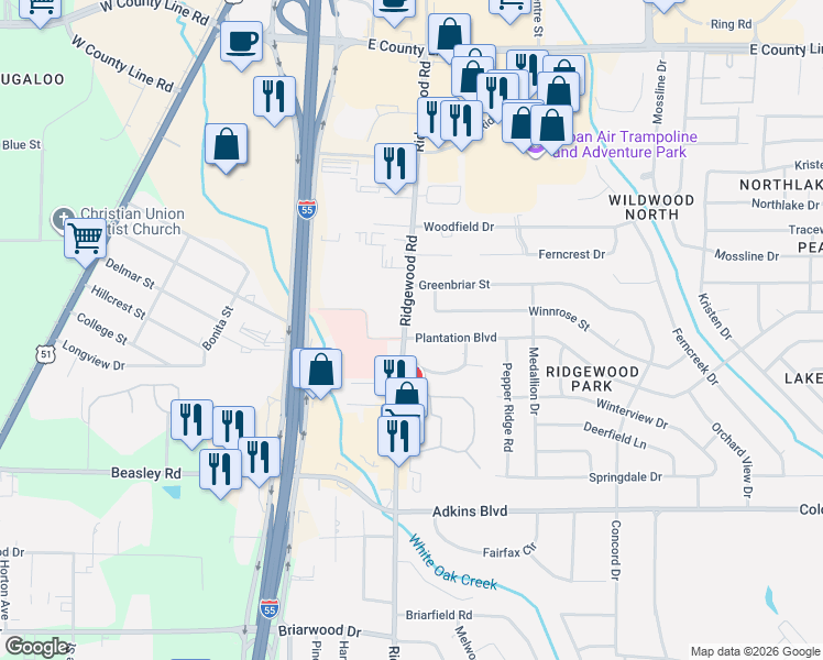 map of restaurants, bars, coffee shops, grocery stores, and more near 5898 Ridgewood Road in Jackson