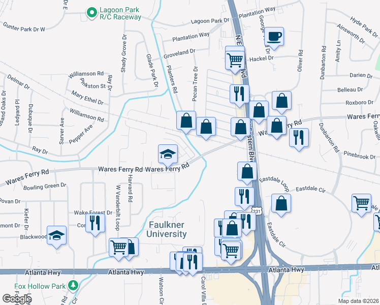 map of restaurants, bars, coffee shops, grocery stores, and more near 4722 Retreat Road in Montgomery