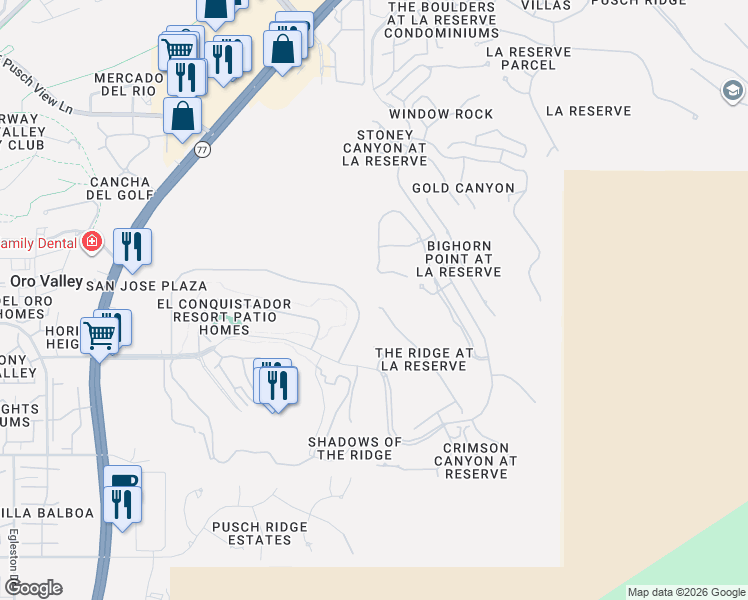 map of restaurants, bars, coffee shops, grocery stores, and more near 10119 North Bighorn Butte Drive in Oro Valley