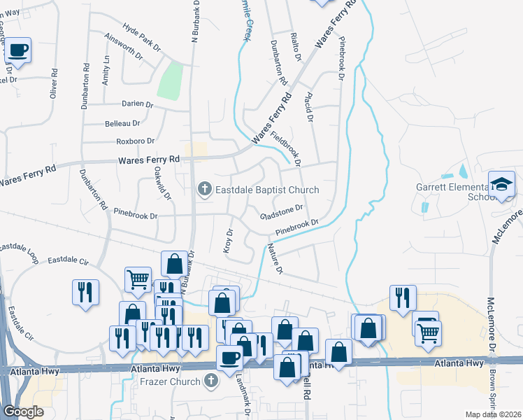 map of restaurants, bars, coffee shops, grocery stores, and more near 6115 Gladstone Drive in Montgomery