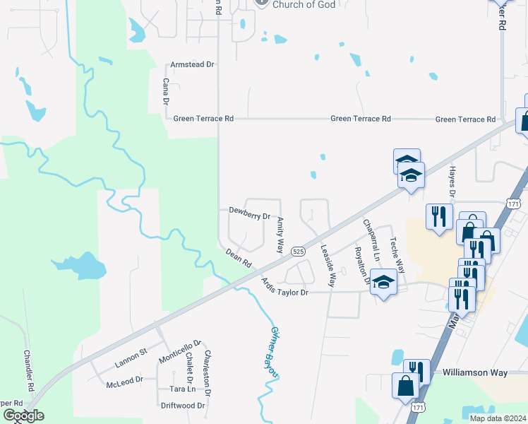 map of restaurants, bars, coffee shops, grocery stores, and more near 3508 Dewberry Drive in Shreveport