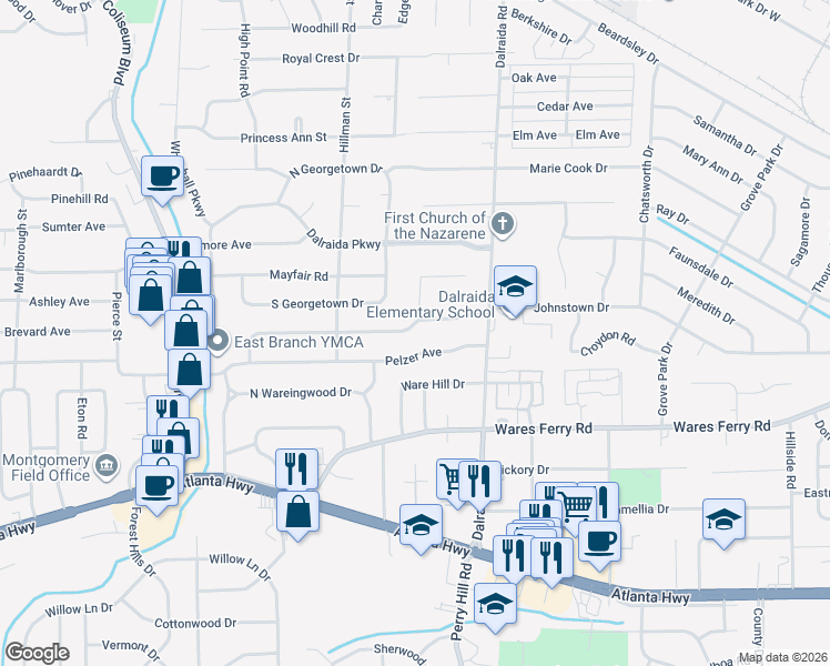 map of restaurants, bars, coffee shops, grocery stores, and more near 3809 Pelzer Avenue in Montgomery