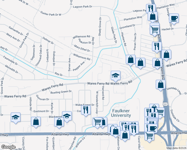 map of restaurants, bars, coffee shops, grocery stores, and more near 536 Forest Ridge Court in Montgomery