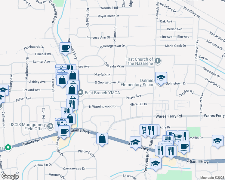 map of restaurants, bars, coffee shops, grocery stores, and more near 401 Hillman Street in Montgomery