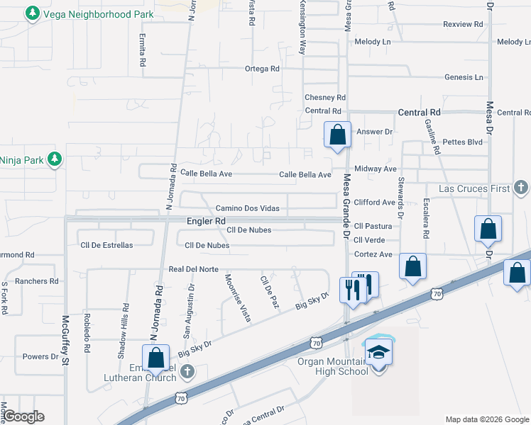 map of restaurants, bars, coffee shops, grocery stores, and more near 4529 Camino Dos Vidas in Las Cruces