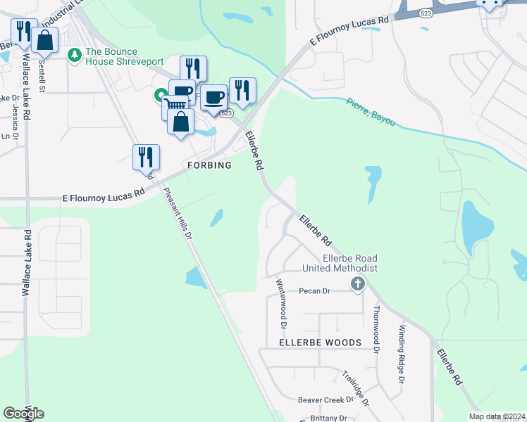 map of restaurants, bars, coffee shops, grocery stores, and more near 359 Bentway Circle in Shreveport