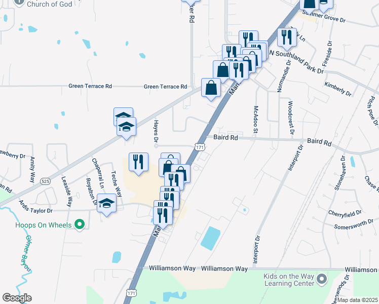 map of restaurants, bars, coffee shops, grocery stores, and more near 9500 Mansfield Road in Shreveport