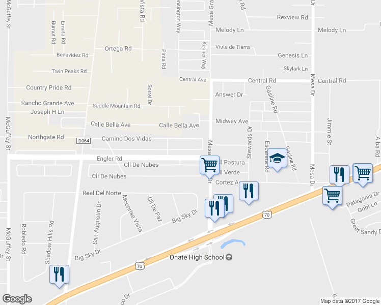 map of restaurants, bars, coffee shops, grocery stores, and more near 4708 Camino Dos Vidas in Las Cruces