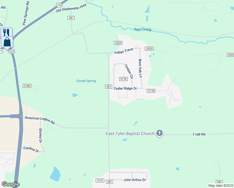 map of restaurants, bars, coffee shops, grocery stores, and more near 7188 Timber Circle in Tyler