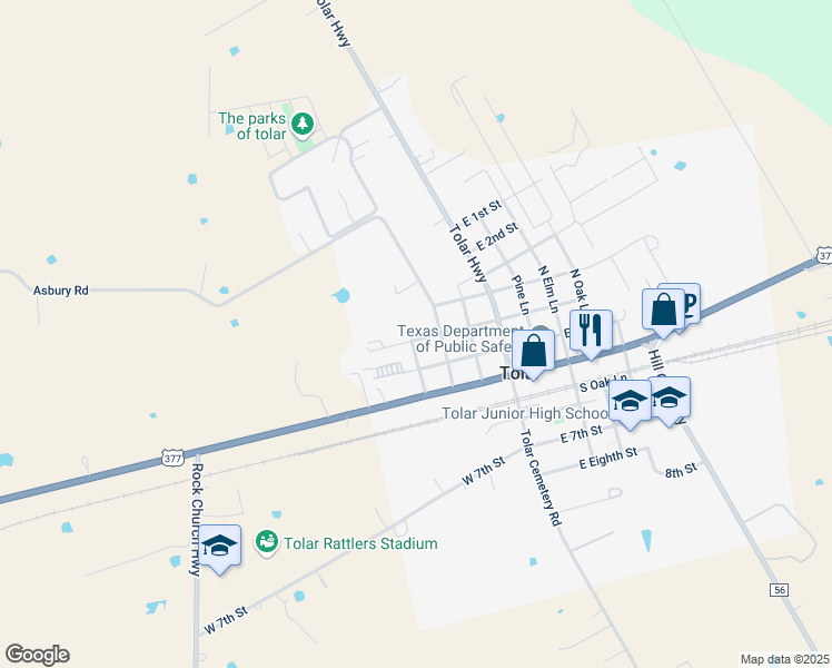 map of restaurants, bars, coffee shops, grocery stores, and more near 310 Cedar Lane in Tolar