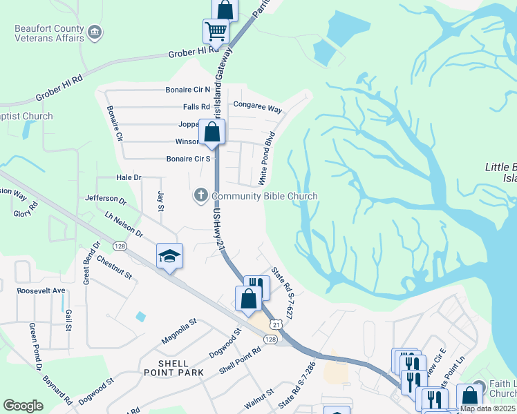 map of restaurants, bars, coffee shops, grocery stores, and more near 10 Shell Creek Drive in Beaufort