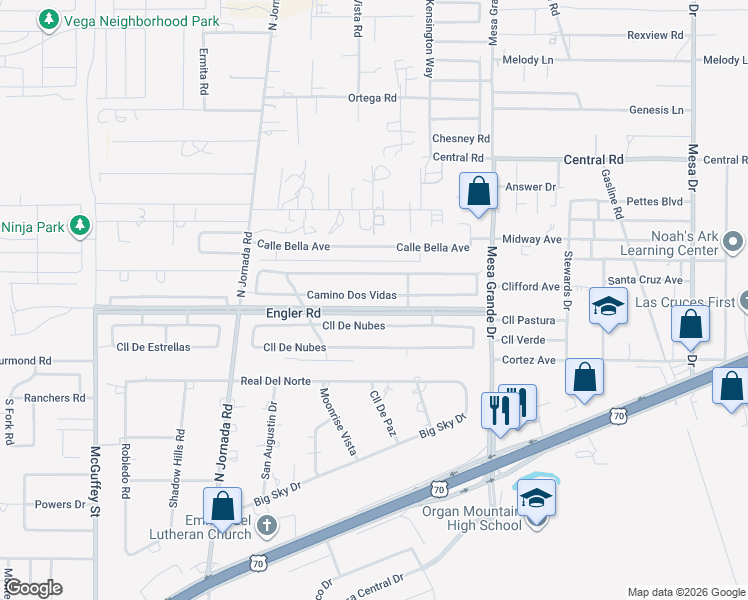 map of restaurants, bars, coffee shops, grocery stores, and more near 4810 Camino Dos Vidas in Las Cruces