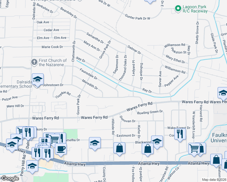 map of restaurants, bars, coffee shops, grocery stores, and more near 4079 Faunsdale Drive in Montgomery