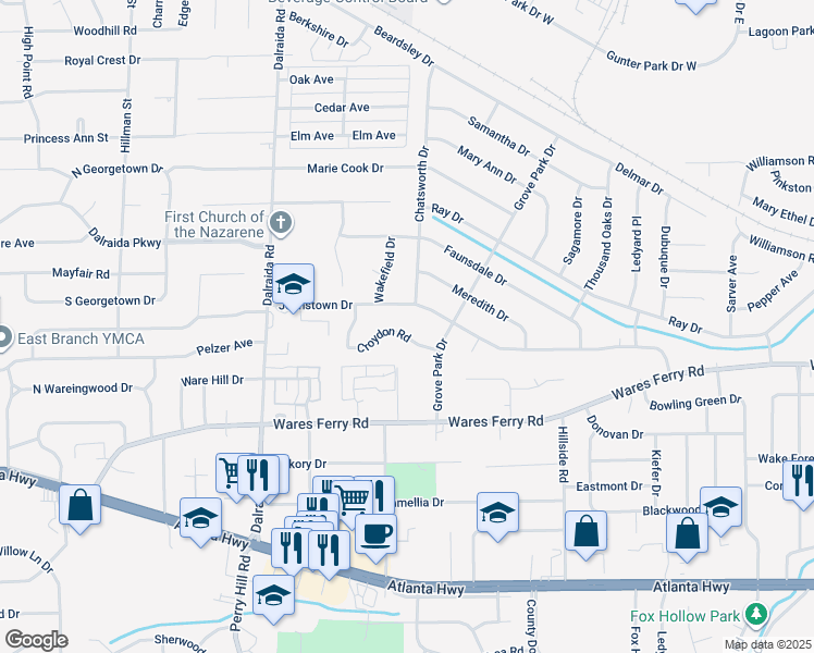 map of restaurants, bars, coffee shops, grocery stores, and more near 3949 Croydon Road in Montgomery