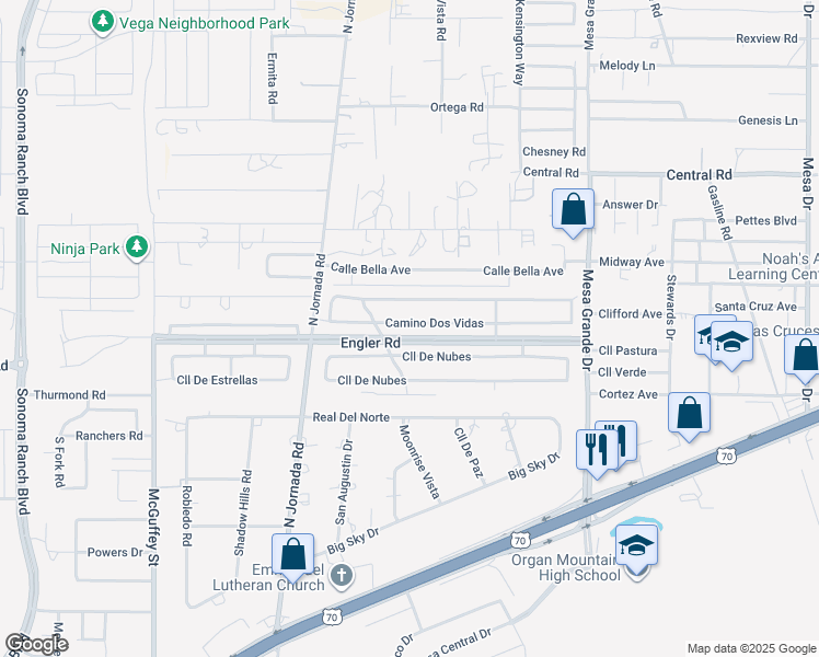 map of restaurants, bars, coffee shops, grocery stores, and more near 4445 Camino Dos Vidas in Las Cruces
