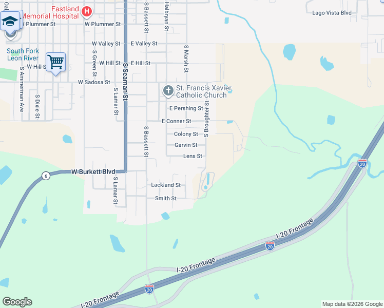map of restaurants, bars, coffee shops, grocery stores, and more near 505 Garvin Street in Eastland