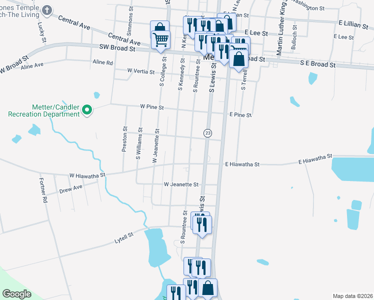 map of restaurants, bars, coffee shops, grocery stores, and more near 405 East Neal Street in Metter