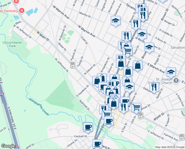 map of restaurants, bars, coffee shops, grocery stores, and more near 708 Water Street in Waxahachie