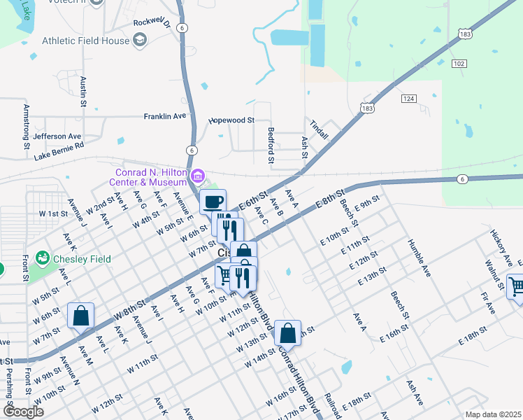 map of restaurants, bars, coffee shops, grocery stores, and more near 300 East 6th Street in Cisco