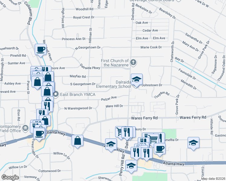 map of restaurants, bars, coffee shops, grocery stores, and more near 403 Honeysuckle Court in Montgomery