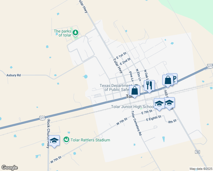 map of restaurants, bars, coffee shops, grocery stores, and more near 310 Cedar Lane in Tolar