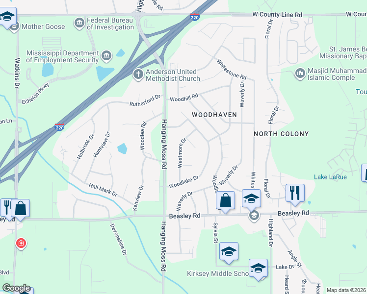 map of restaurants, bars, coffee shops, grocery stores, and more near 5955 Westmore Drive in Jackson