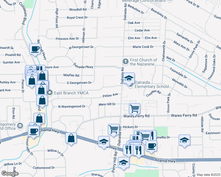 map of restaurants, bars, coffee shops, grocery stores, and more near 3732 Honeysuckle Road in Montgomery