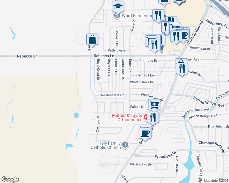 map of restaurants, bars, coffee shops, grocery stores, and more near 4750 Pamela Drive in Abilene