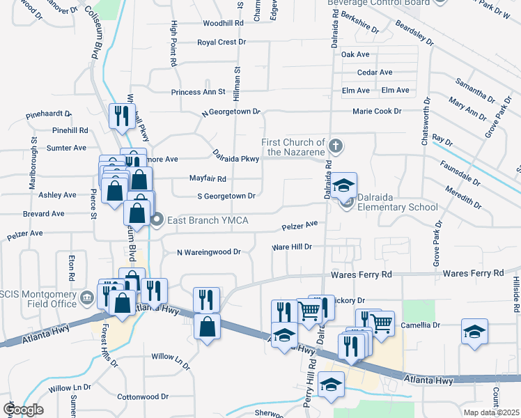 map of restaurants, bars, coffee shops, grocery stores, and more near 3639 Honeysuckle Road in Montgomery